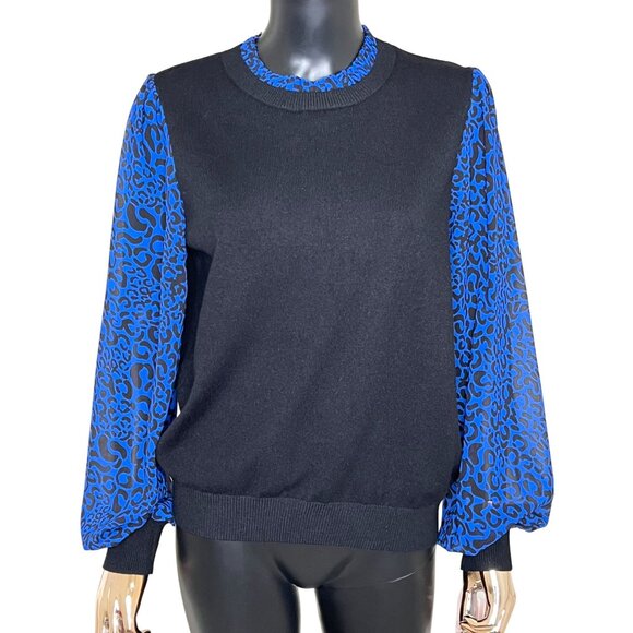 Nanette Lepore Black Sweater Blouse LG Cobalt Blue Leopard Balloon Sleeves NWT - Picture 5 of 10